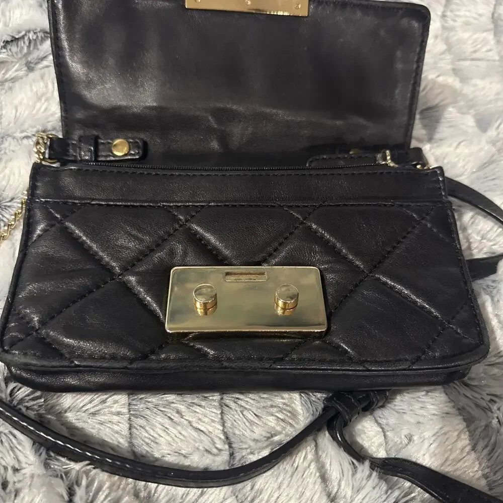 MICHAEL KORS Quilted Leather Handbag Purse Crossbody SM BLACK Gold Tone Chain